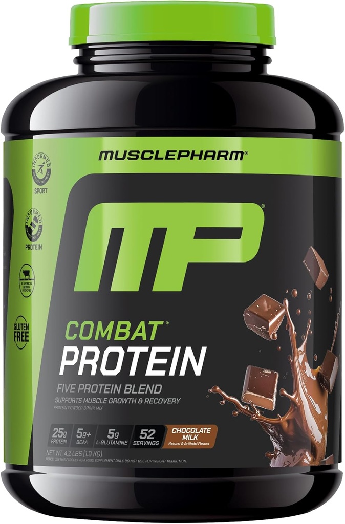 MusclePharmのコンバットの蛋白質の粉、チョコレート ミルクの味、生産的なワークアウトのための燃料筋肉、5つの蛋白質の源はWheyの蛋白質の隔離剤及び卵のアルブミン、グルテンフリー、4.2のlb、52のサービングを含んでいました