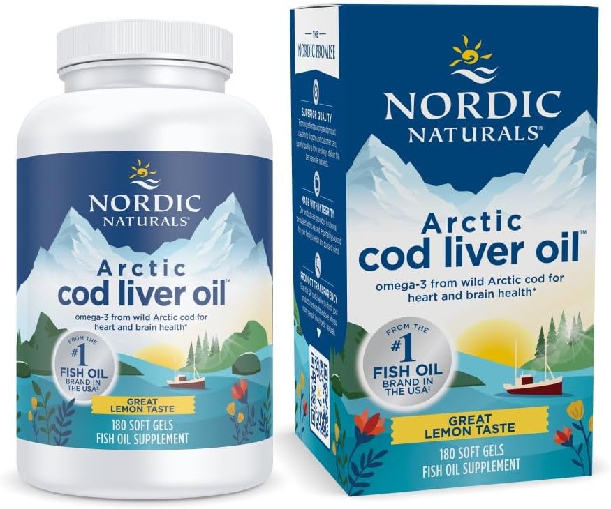 Nordic Naturals Arctic Cod Liver Oil, Lemon - 180 Soft Gels - 750 mg Total Omega-3s with EPA & DHA - Heart & Brain Health, Healthy Immunity, Overall Wellness - Non-GMO - 60 Servings