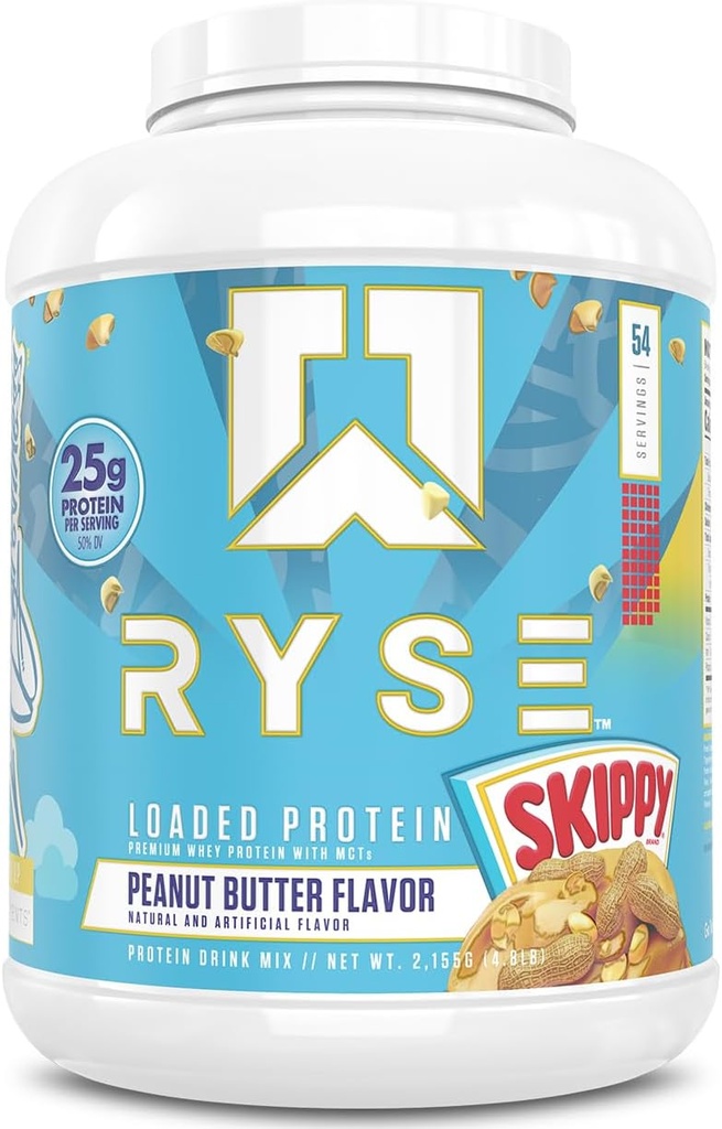 RYSE Loaded Protein Powder - Skippy Peanut Butter - 25g Whey Protein Isolate & Concentrate with Prebiotic Fiber & MCTs - Low Carb, Low Sugar, Digestive-Friendly - 54 Servings / 4 lb Tub