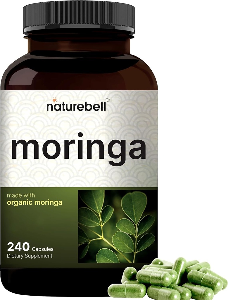 NatureBell Pure Moringa Capsules | Made with Moringa Powder Organic, 240 Capsules – Green Superfood, Skin Health, & Immune Support – Non-GMO, Gluten Free, 4 Month Supply