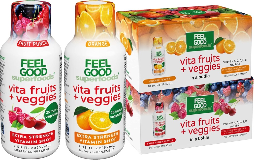 フィールグッドスーパーフードビタフルーツと野菜免疫サポートシュートサプリメント、25オーガニックフルーツと野菜、免疫ブースター、10オレンジと10フルーツパンチフレーバー、コンボパック20