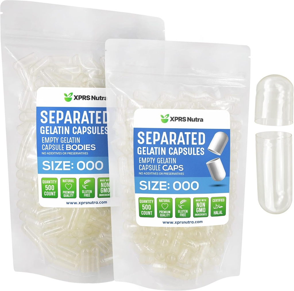 XPRS Nutra Separated Capsules Size 000-500 Clear Count Large Empty Gelatin Capsules Separated in Bags - Premium Clear Gel caps - Pills for DIY Supplement Filling