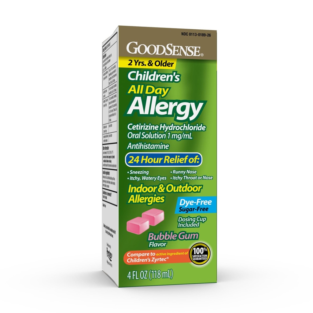 GoodSenseの子供のすべての日のアレルギー救助、Cetirizineの塩酸塩の口頭解決1のmg/mLの泡のガムの味、染料は放します、砂糖は放します、4つの液体のOunceを放します