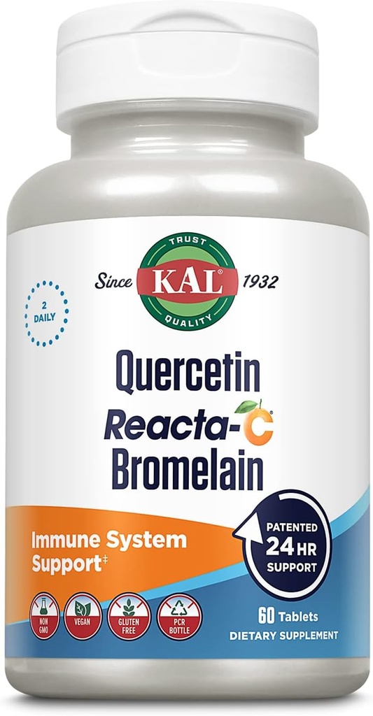KAL Quercetin Reacta-C Bromelain Immune サポート補足、Bioflavonoid、ビタミンC 1000mgおよびQuercetin 500mg、ビーガン、グルテンフリー、60日保証、30 Serv、60錠