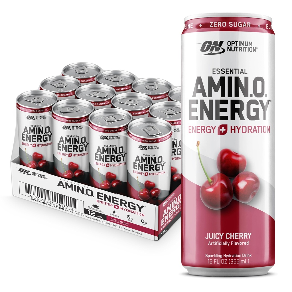 最適栄養アミノエネルギースパークリング水分補給ドリンク、電解液、カフェイン、アミノ酸、BCAA、砂糖フリー、ジューシーチェリー、12 Fl Oz、12パック(5月パッケージ)
