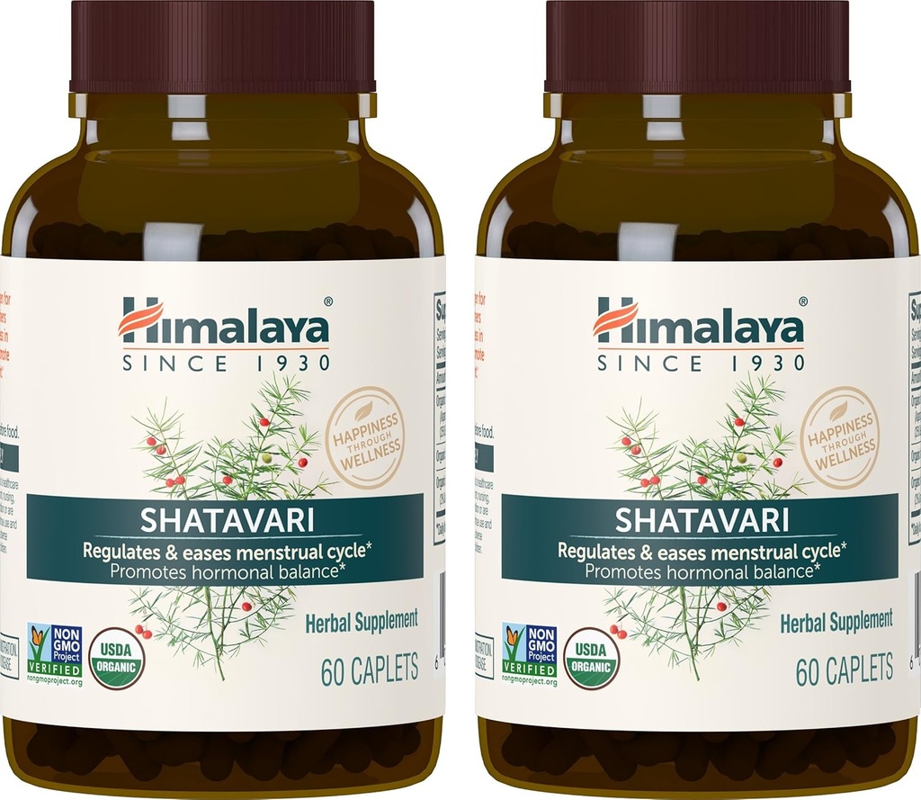 Himalaya Organic Shatavari for PMS, Menstrual Cramp Relief, Menopause Support, and Women's Health, 1,300 mg, 60 Caplets, 2 Month Supply, 2 Pack