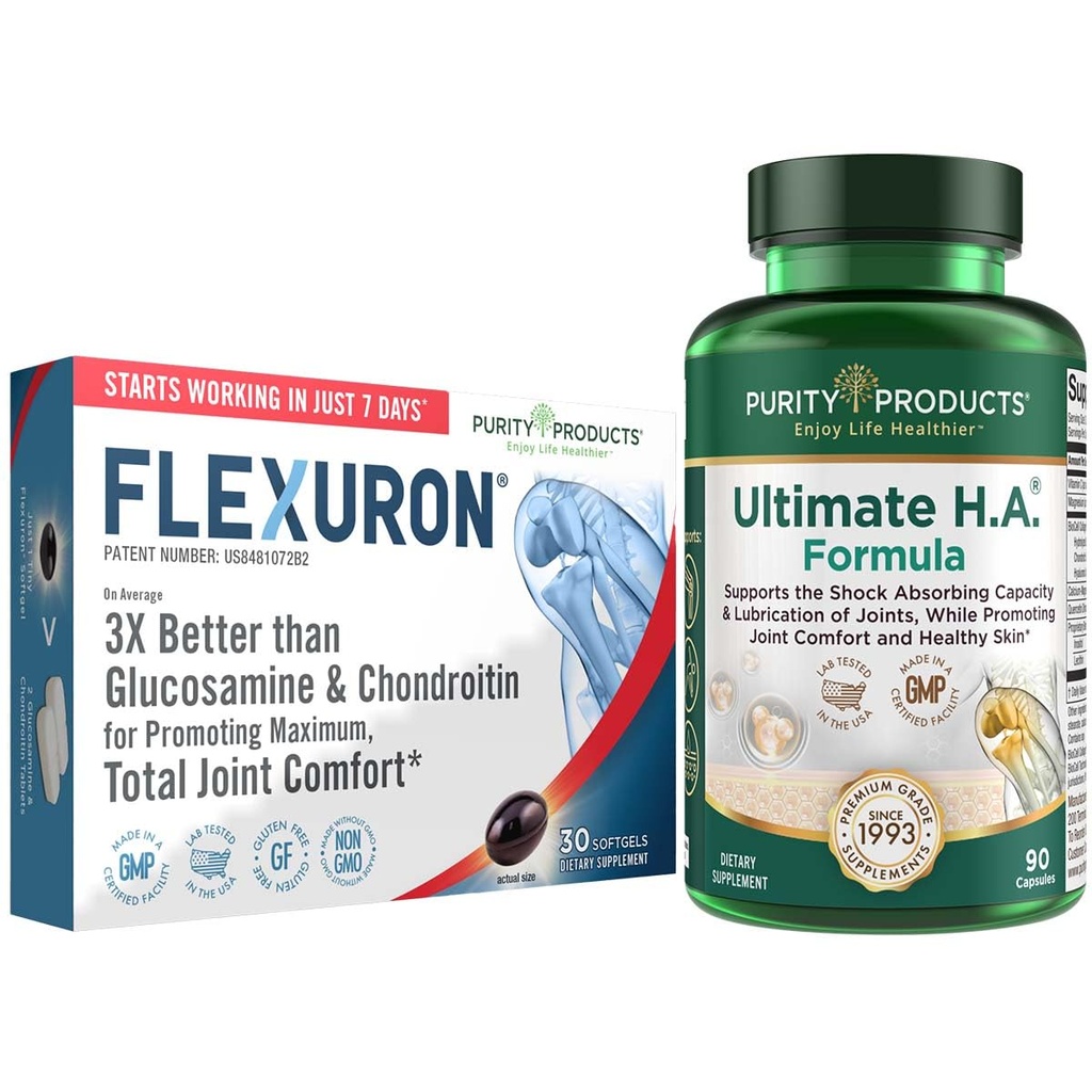 純度プロダクト Flexuronの接合箇所の方式+最終的なHAのFlexuron (Krillオイル、低い分子量のHyaluronic酸、アスタキサンチン) -最終的なH.A. (BioCellのコラーゲン、ケルセチン、Hyaluronic酸+多く)