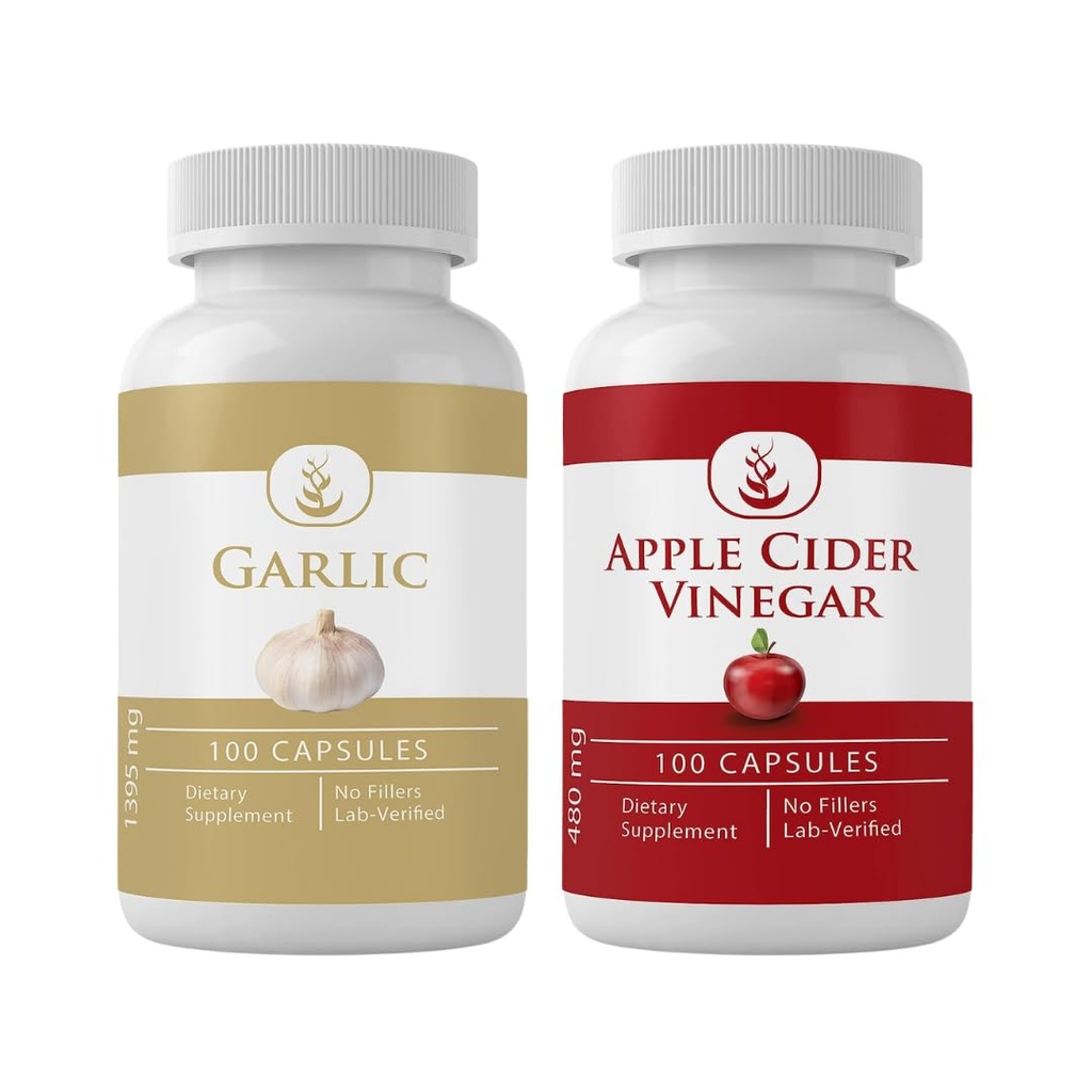 純粋な元の INGREDIENTS のニンニク及び Apple のサイダーのカプセルの束 (100 カプセルそれぞれ)、付加性か注入口無し、実験室は確認しました
