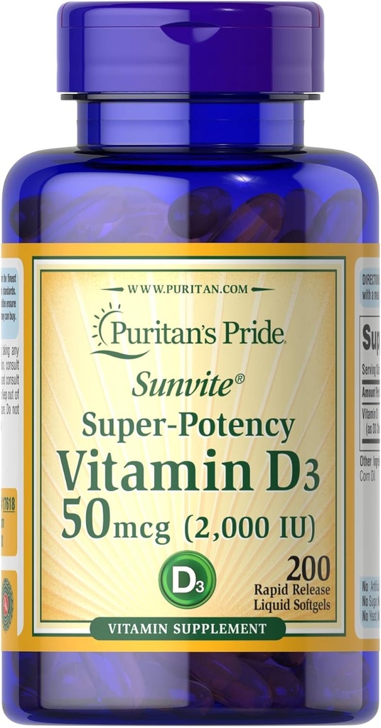 Vitamin D3 50mcg (2,000 IU) Bolsters Immune Health by Puritan's Pride for Support of Immune Health and Healthy Bones and Teeth 200 Softgels