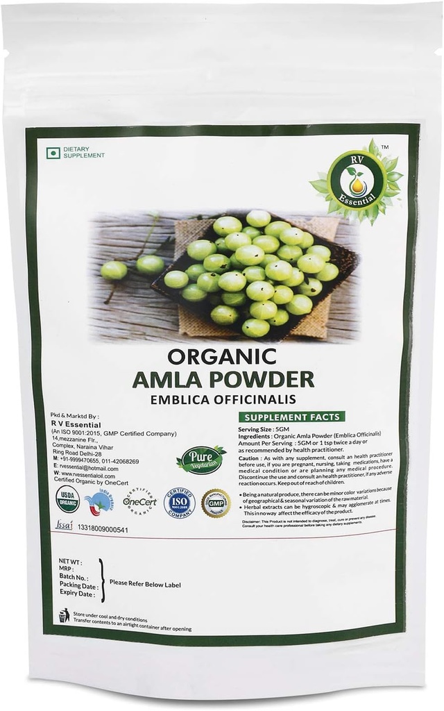 R V Essential Organic Amla Powder 100gm/ 3.53oz/ 0.22lb- Emblica Officinalis Amla Fruit Powder for Hair USDA Organic Certified Ayurvedic Herbal Supplement in Resealable and Reusable Zip Lock Pouch