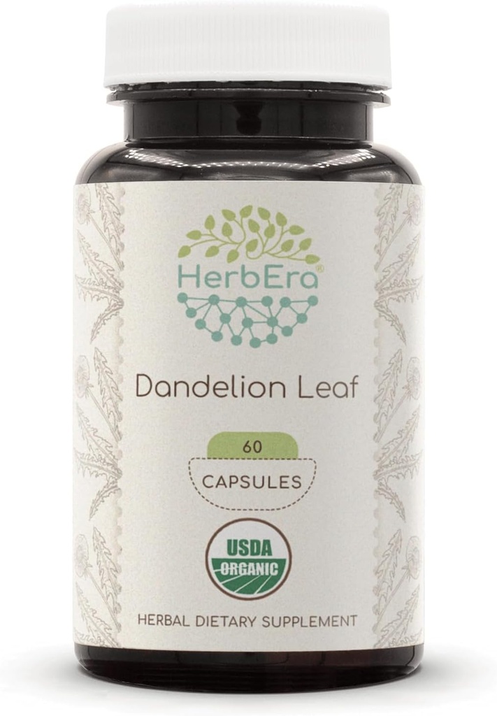 HerbEra Dandelion リーフ USDA オーガニック 60 カプセル | 天然ハーブ サプリメント | 認定オーガニック ベジタリアン カプセルとオーガニック タンポ (Taraxacum Officinale) ドライリーフ (60 カプセル)