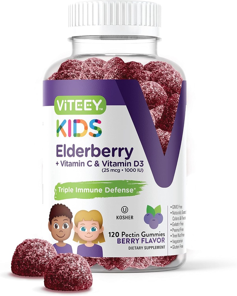 ビタミンD3&ビタミンC 3-1免疫ブースターと子供免疫サポートサプリメントのためのViteey Sambucus Elderberry Gummies - ベジタリアン、ゼラチンフリー、グルテンフリー、GMOフリー - おいしいChewableベリー風味