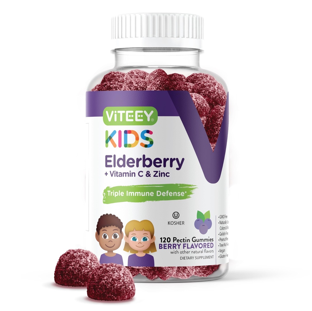 ビタミンD3&ビタミンC 3-1免疫ブースターと子供免疫サポートサプリメントのためのViteey Sambucus Elderberry Gummies - ベジタリアン、ゼラチンフリー、グルテンフリー、GMOフリー - おいしいChewableベリー風味