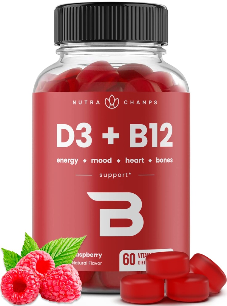 NutraChampsのビタミンD3及びB12の大人及び子供のためのメチルB12のグミー、ビタミンD 3及びB9のビタミンの葉酸塩、自然エネルギー、気分、Metabolism及び焦点、ラズベリー、60のグミーと高められる