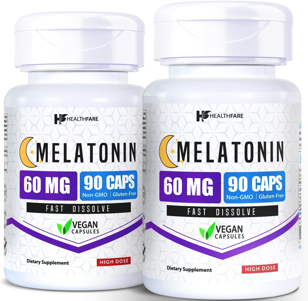 HealthFare Melatonin 60mg | 2個入り | 90個入りカプセル | 高強度フォーミュラ | ベジタリアン・非GMO・グルテンフリー | アメリカ製