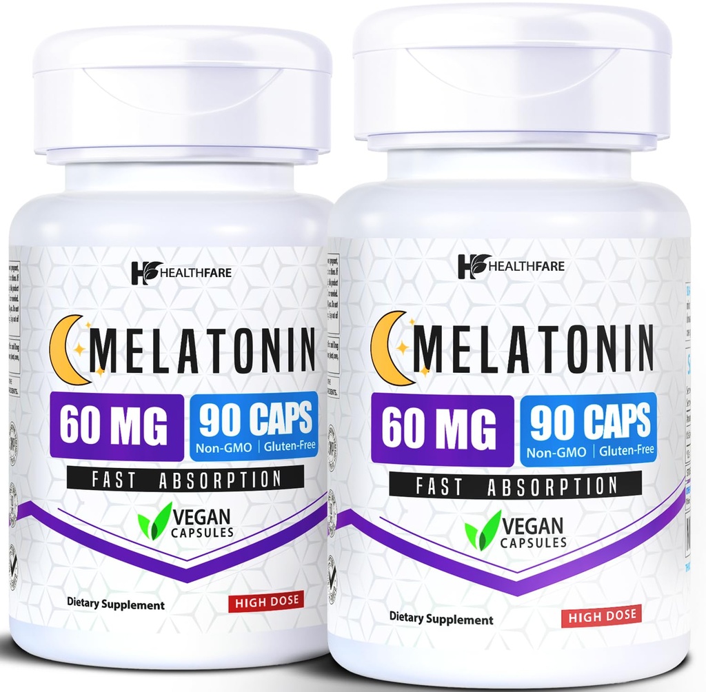 HealthFare Melatonin 60mg | 2個入り | 90個入りカプセル | 高強度フォーミュラ | ベジタリアン・非GMO・グルテンフリー | アメリカ製