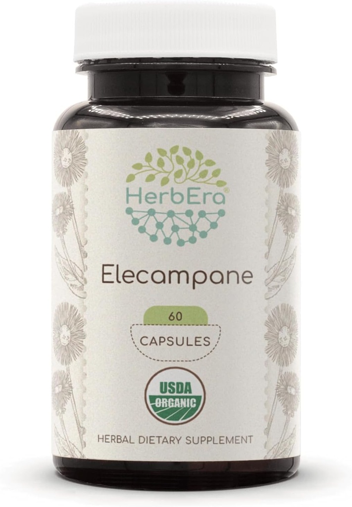 HerbEra Elecampane USDA オーガニック 60 カプセル | 天然ハーブサプリメント | 認定オーガニック ベジタリアン カプセルとオーガニック エレカンマ ドライ ルート (60 カプセル)
