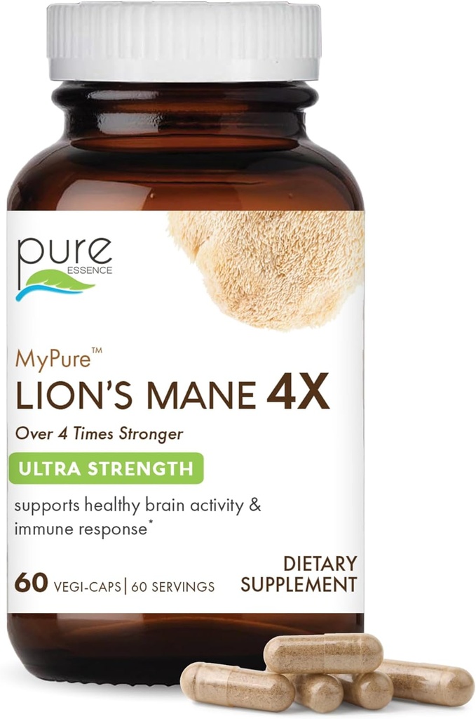 PURE ESSENCE LABSマイピュアライオンのマネ4X - 6:1の熱湯のエキスが付いている超強さの頭脳サポート補足及び認知の健康、焦点、記憶及び精神、60のカプセルのための10:1のエキス