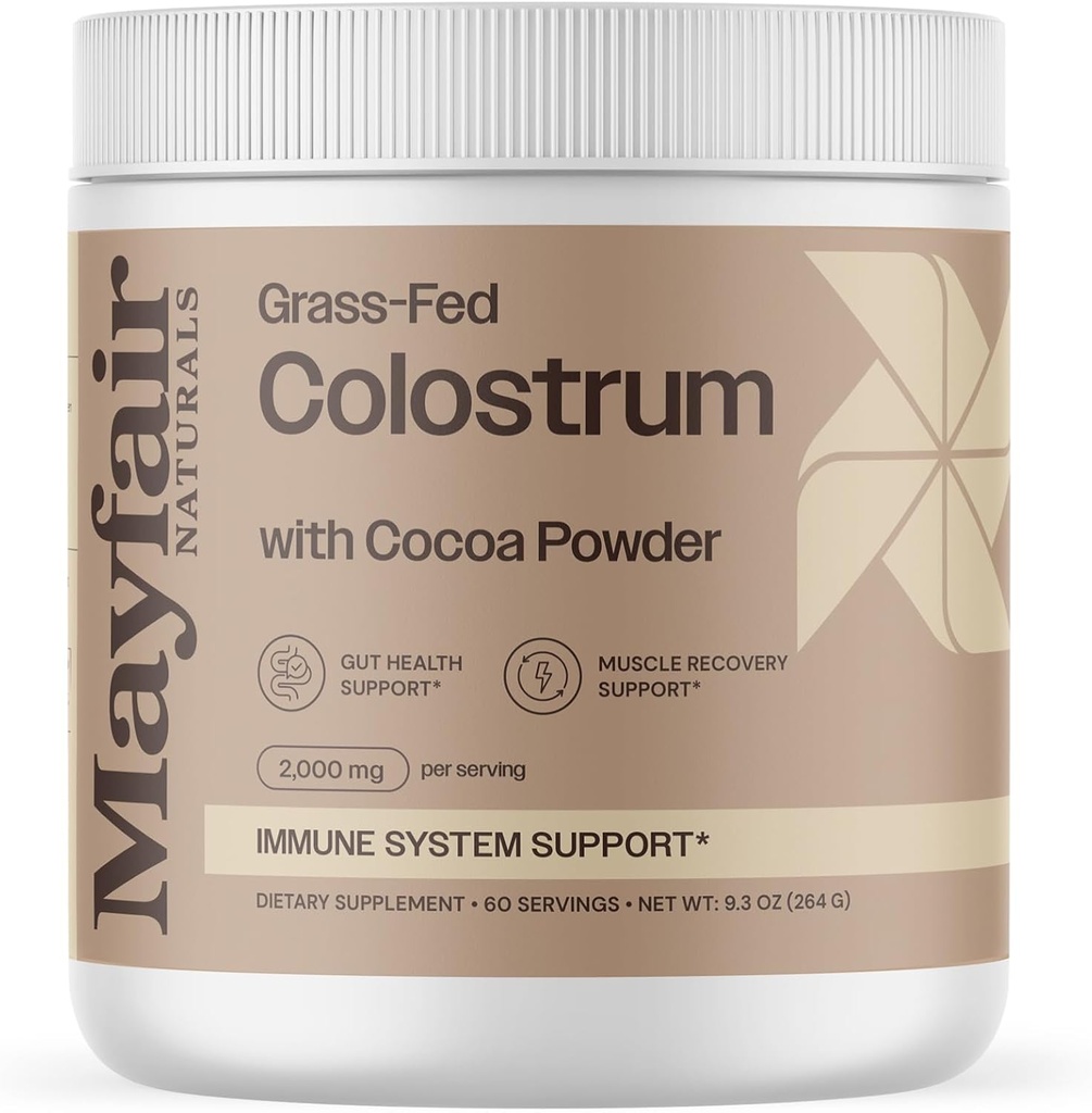 Grass-Fed Bovine Colostrum Supplement with Cocoa Powder, for Kids & Adults, Immune System Support, Gut Health and Muscle Recovery, 60 Servings