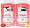 Bellway Super Fiber Powder + Collagen (2 Pack), Sugar-Free Psyllium Husk Powder with Collagen Peptides for Gut Health, Healthy Skin, Nails, Bones & Joints, Strawberry Lemonade (22.92 oz)
