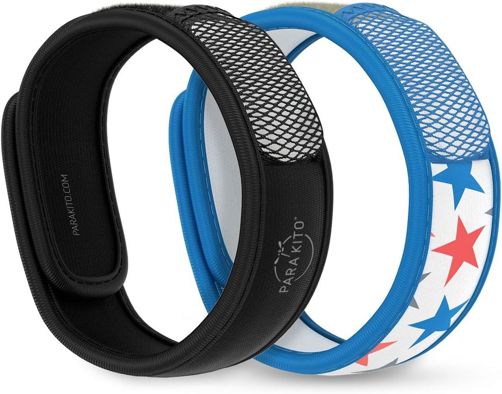 PARA'KITO Mosquito Repellentブレスレット + Refill Pellets Bundle、Mosquitoブレスレット、Peppermint Oil、DEET無料Mosquitoリペラー、ハイキングアクセサリー、2リストバンド&2リフィル(ブラック+スター)