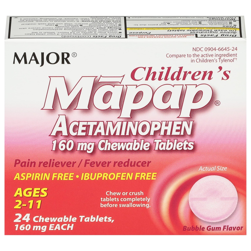 MAJORの子供のMapapのアセトアミノフェン160のmgのChewableタブレット-痛みのReliever/Feverの減力剤-アスピリンは放します-年齢のための2から11-24の計算(1パック)