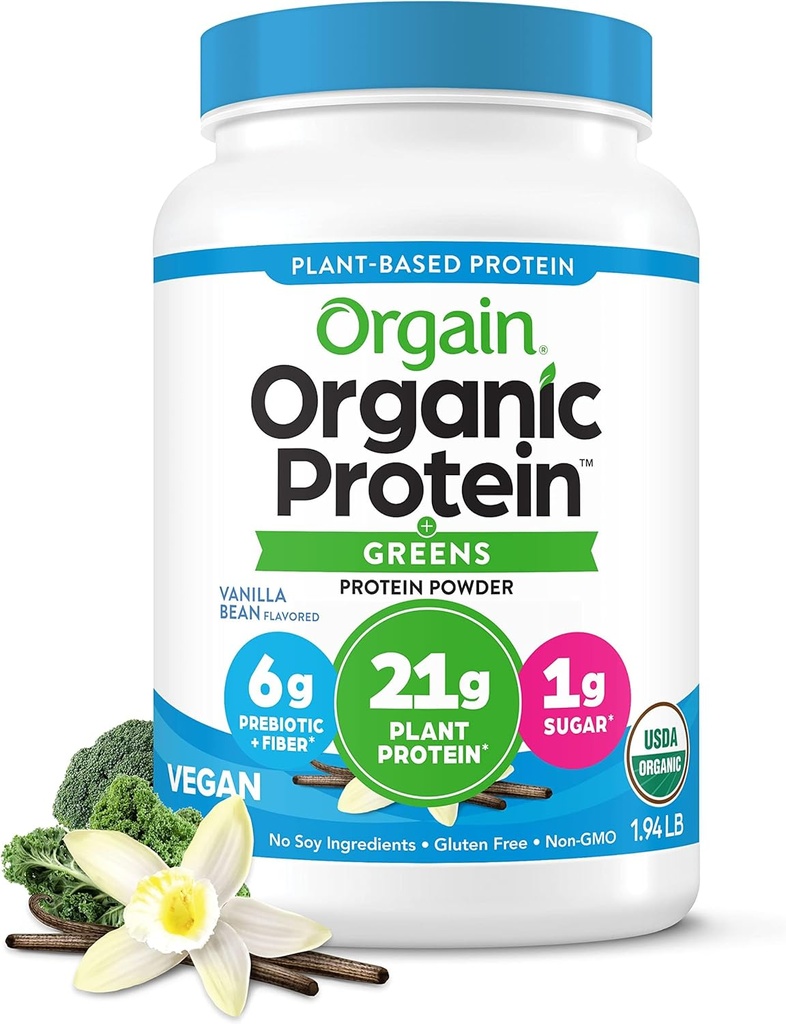 Orgain Organic Vegan Protein Powder + Greens, Vanilla Bean - 21g Plant Based Protein, Gluten Free, Dairy Free, Lactose Free, Soy Free, No Sugar Added, With Iron & Prebiotics for Gut Health - 1.94lb