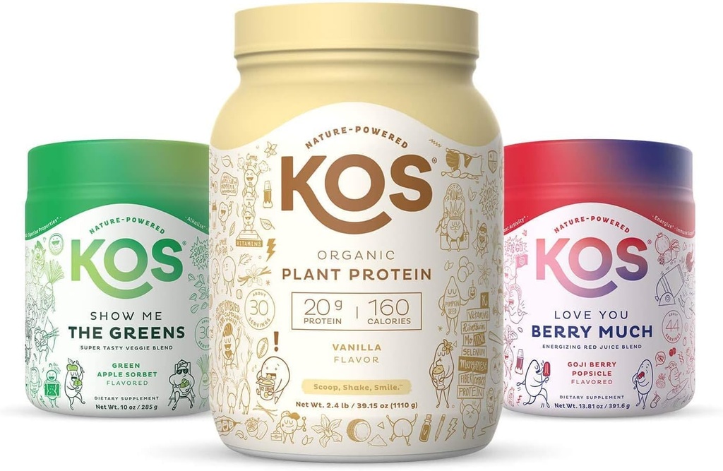 KOS PowerPlant の束(有機性植物ベースのバニラ蛋白質の粉+有機性赤のブレンド+有機性緑のブレンド)