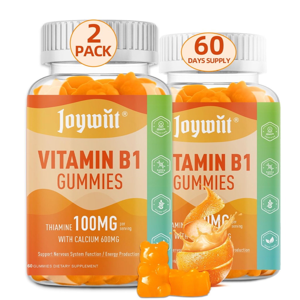 大人のためのビタミンB1のグミー100mg & 子供, 600mgカルシウムとチラミンB1サプリメント, 神経系サポート & ブーストエネルギー, オレンジ味, 非GMO, 完全菜食主義者の, 120 咀嚼可能なグミー