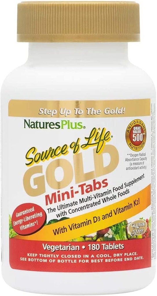 NaturesPlus Source of Life Gold Multivitamin - 180 Mini-Tabs - with Vitamins D3, B12 & K2 - Blood, Bone & Immune Support - Vegetarian & Gluten Free - 30 Servings