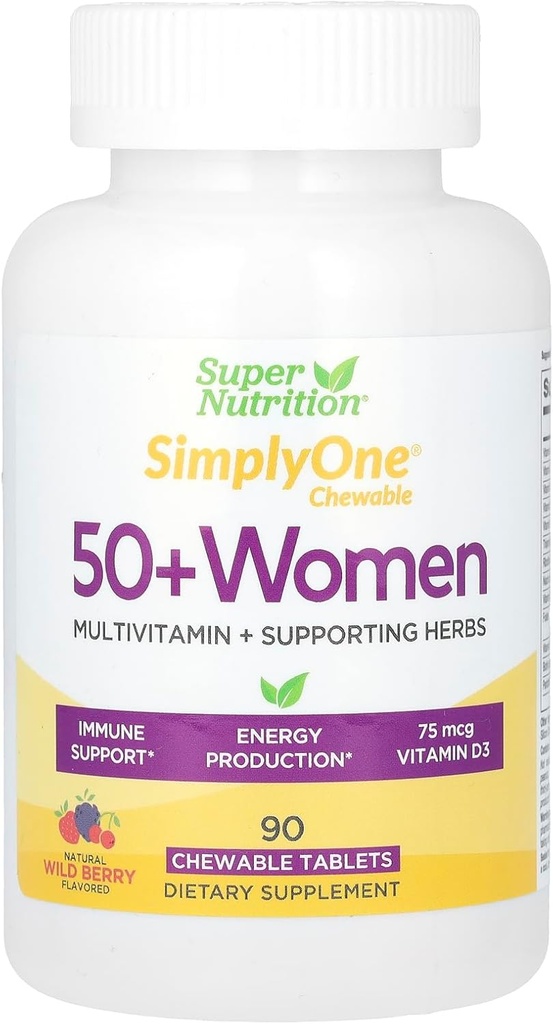 女性の50 +、高周波、ワンデーのChewableタブレット、90日の供給、ワイルドベリー、90の計算のためのSuperNutritionSimplyOneの複数のビタミン