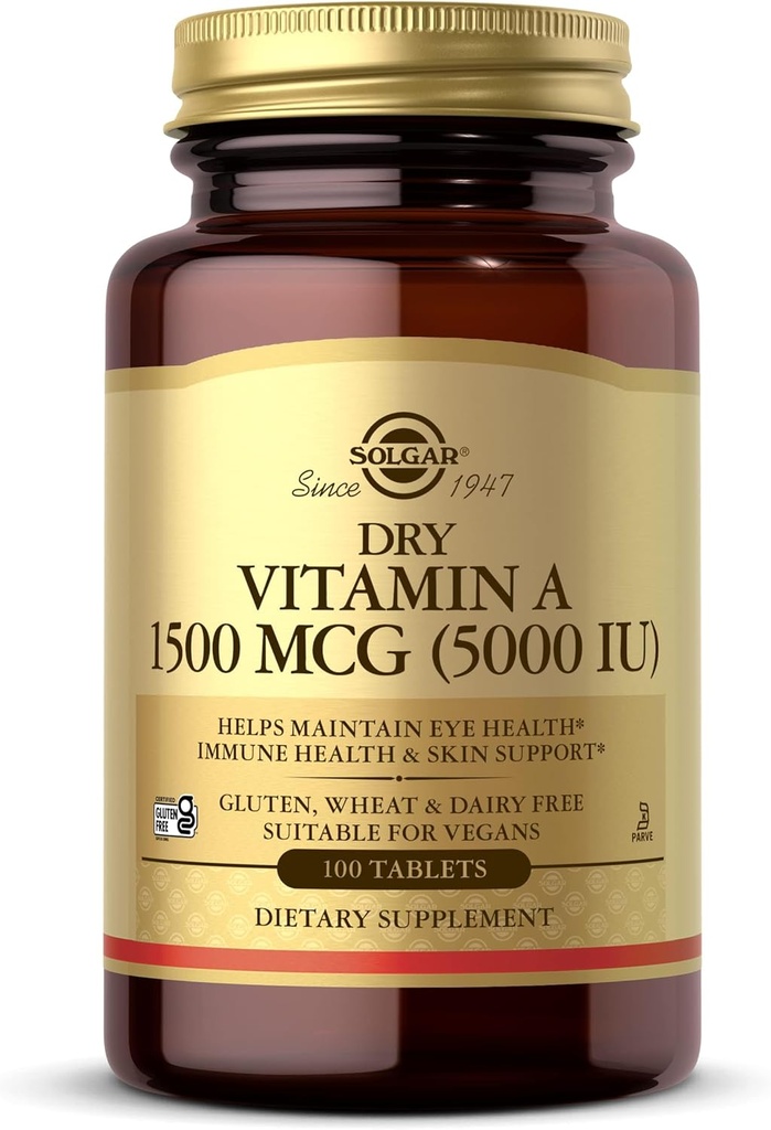 Solgar Dry Vitamin A 1500 mcg (5000 IU), 100 Tablets - Supports Healthy Eyes, Skin & Immune System - Non-GMO, Vegan, Gluten Free, Dairy Free, Kosher - 100 Servings