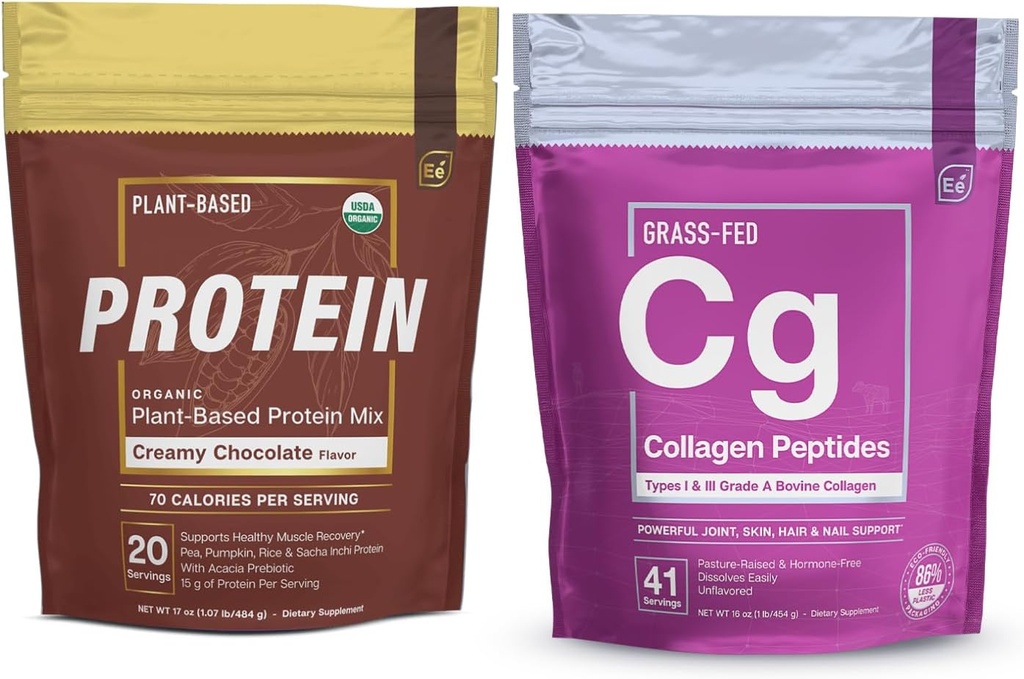 エッセンシャル要素 加水分解 コラーゲンペプチド パウダー & 有機ピー タンパク質 パウダー - クリーミー チョコレート | ジョイント、皮膚、髪、ネイル サポート + 低炭水化物植物ベースのビーガンブレンド