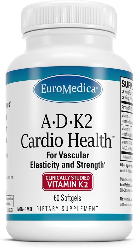 EuroMedica A•D•K2 心臓の健康 - 心臓の健康 & 血管の弾力性と強度のサポート - ビタミンA&D3による心血管サポートサプリメント - エイド血液容器の弾力性 - 60 Softgels
