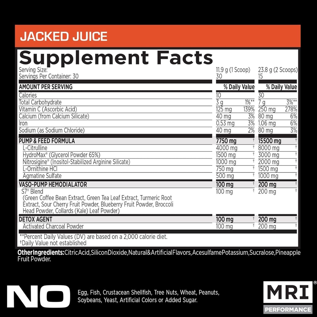 MRI NO2 Black Nitric Oxide Supplement for Pump, Muscle Growth, Vascularity & Energy - Powerful Stim-Free Pre-Workout with Citrulline (30 Servings) (Jacked Juice)