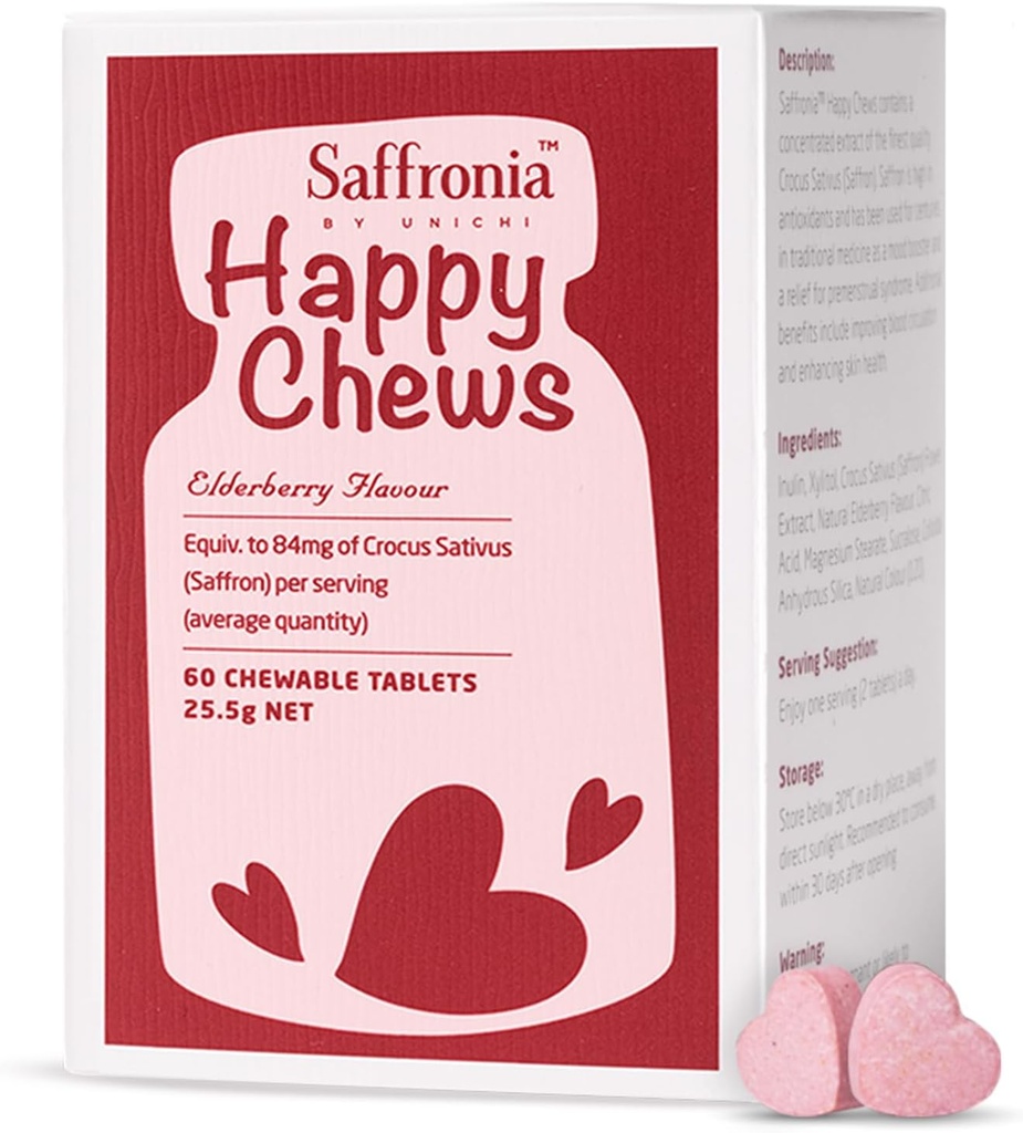 Unichi Saffronia Happy Chews、Saffron Supplements for Mood Balance Support and Stress Reduction、Elderberry Flavour、60錠