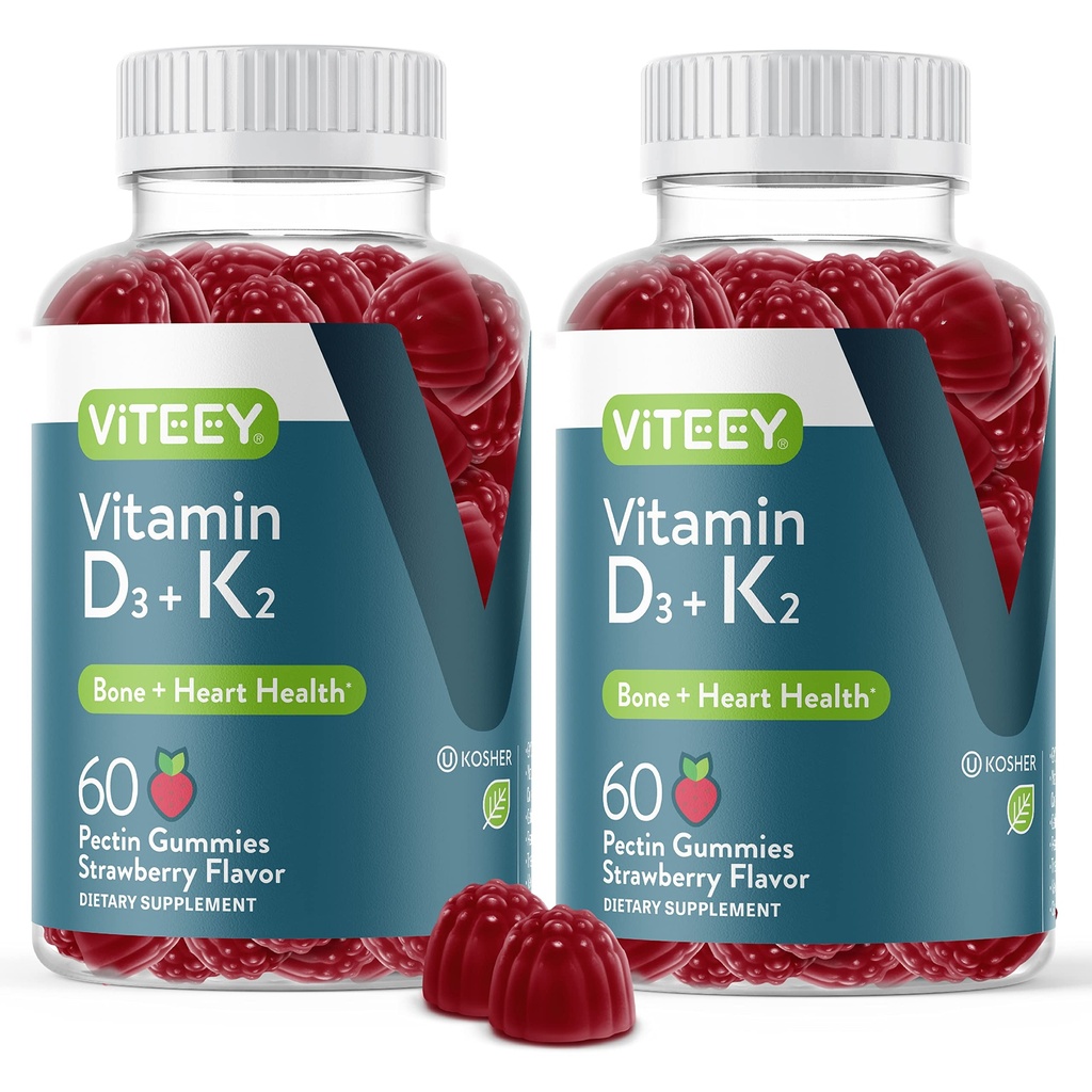 VITEEYビタミンD3 K2グミー - 1000 IUビタミンD3とK2 100mcg - 大人とティーンのための骨と心の健康 - ベジタリアン、ゼラチンフリー、GMOフリー - おいしいChewable D3K2ビタミンイチゴ風味のおいしい