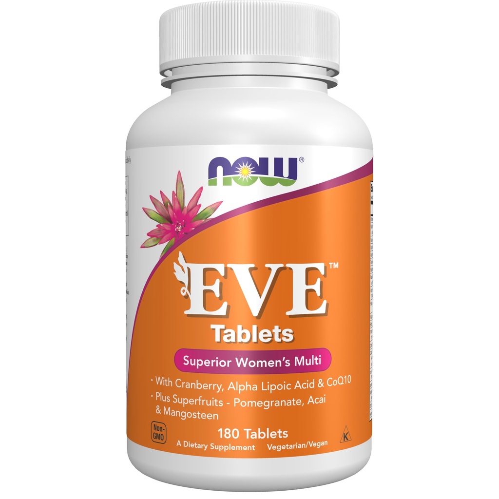 NOW Foods Supplements, Eve™ Women's Multivitamin with Cranberry, Alpha Lipoic Acid and CoQ10, plus Superfruits - Pomegranate, Acai & Mangosteen, 180 Tablets