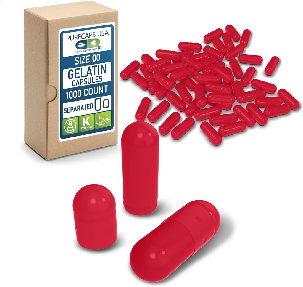ピュアキャップUSA - 空のゼラチンカプセルサイズ00|1,000個の分別ピル|レッド|非GMO認定|SLS、グルテンフリー、保存料無料