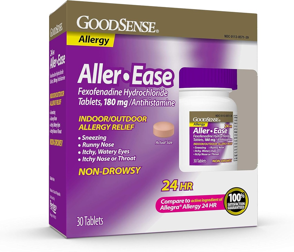 GoodSense Aller-Ease - Fexofenadine 塩酸塩 180 mg 錠 - 屋内および屋外の救助のための 24 時間 アレルギー薬、30 カウント