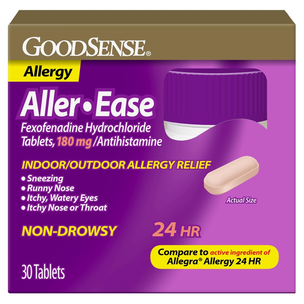 GoodSense Aller-Ease - Fexofenadine 塩酸塩 180 mg 錠 - 屋内および屋外の救助のための 24 時間 アレルギー薬、30 カウント