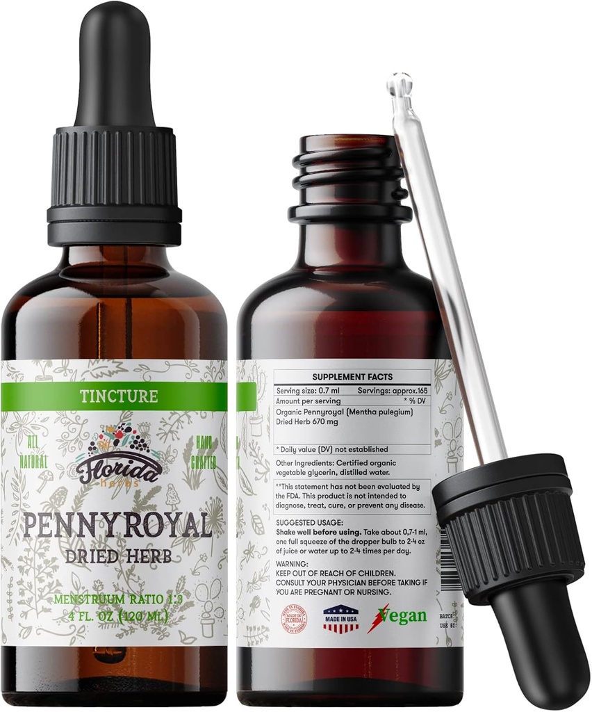 ペネロヤルチン、有機ペネロヤルエキス(Mentha pulegium)乾燥ハーブ、コールドプレスオーガニック野菜グリセリン2オンス、670 mgの非GMO