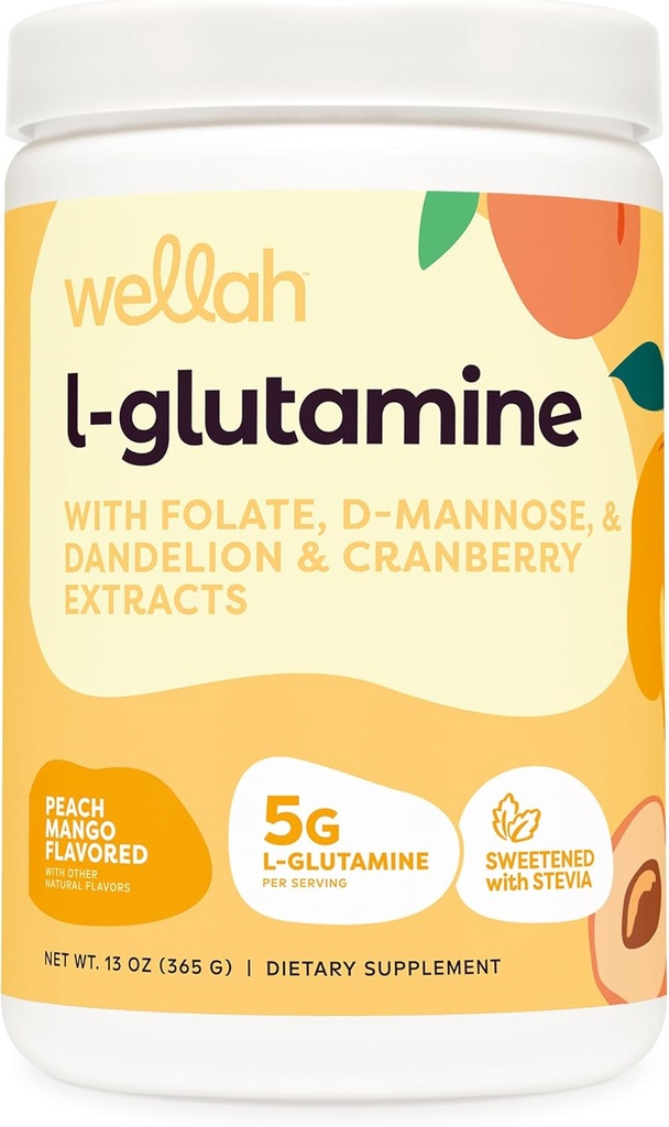 Wellah L-Glutamine Peach Mango (50 Servings) - 5g L-Glutamine Per Serving, Sweetened with Stevia