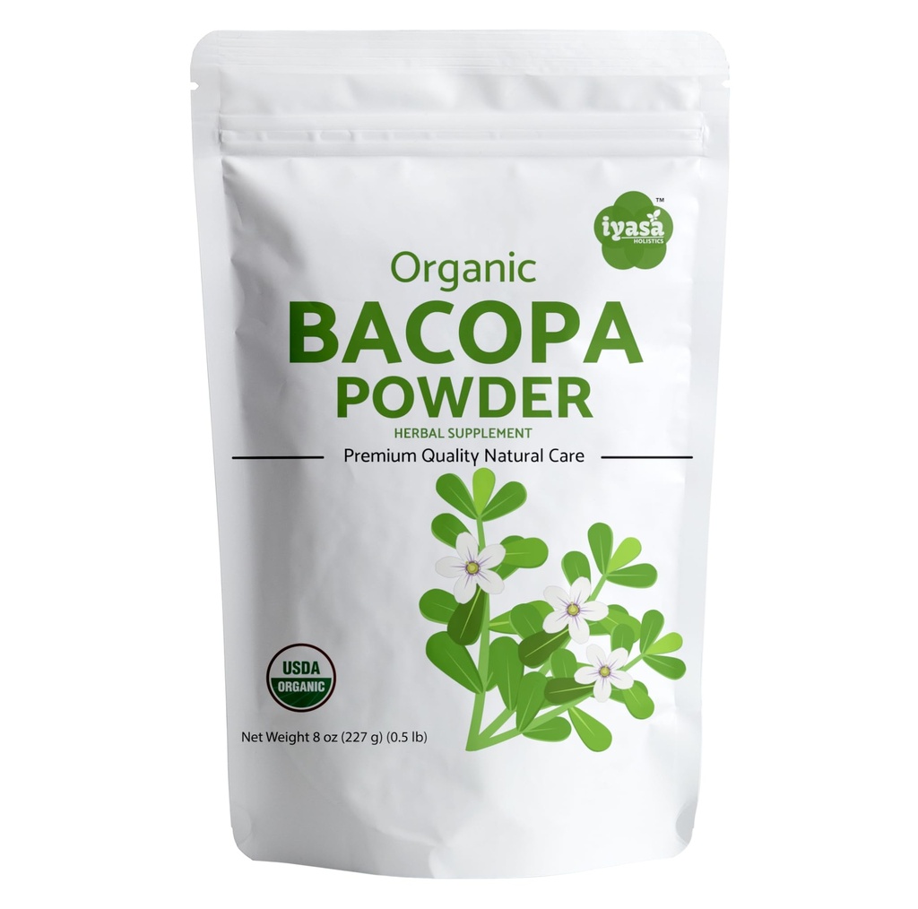 Iyasa Holisticsの有機性Bacopaの粉(Brahmiの葉)、証明された有機性Ayurvedaのスーパーフード、毛および頭脳のトニック、8のozのResealable袋