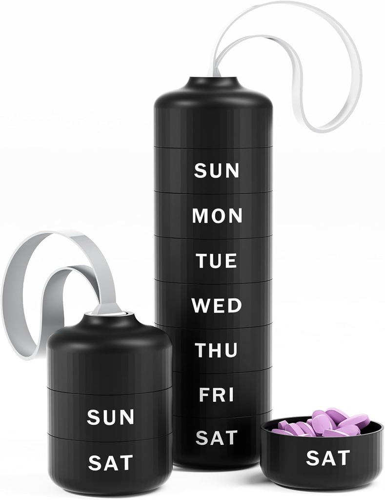 Betife かわいいピルオーガナイザー、旅行のためのかわいいウィークリーピルボックス、かわいい毎日のピルケース7日、7大積み重ねのコンパートメント、ビタミンサプリメント医薬品(黒)のための丈夫なABSピルホルダー