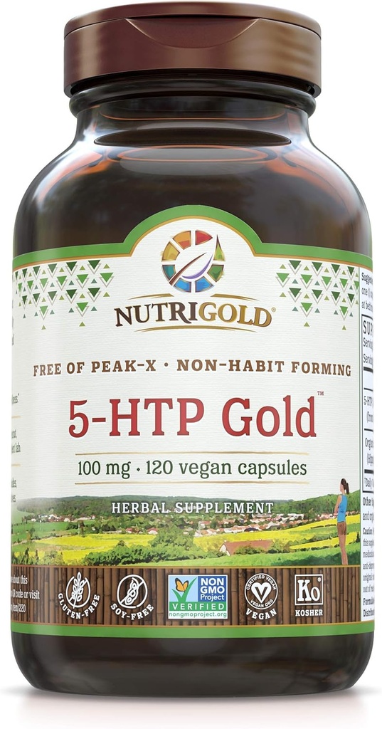 Nutrigold 5-htp 100mg、120 ベジタリアンカプセル - ゴールドスタンダードピュア5-Htpエキスは、有害なピークx、Gmos、およびアレルゲンを無償で保証