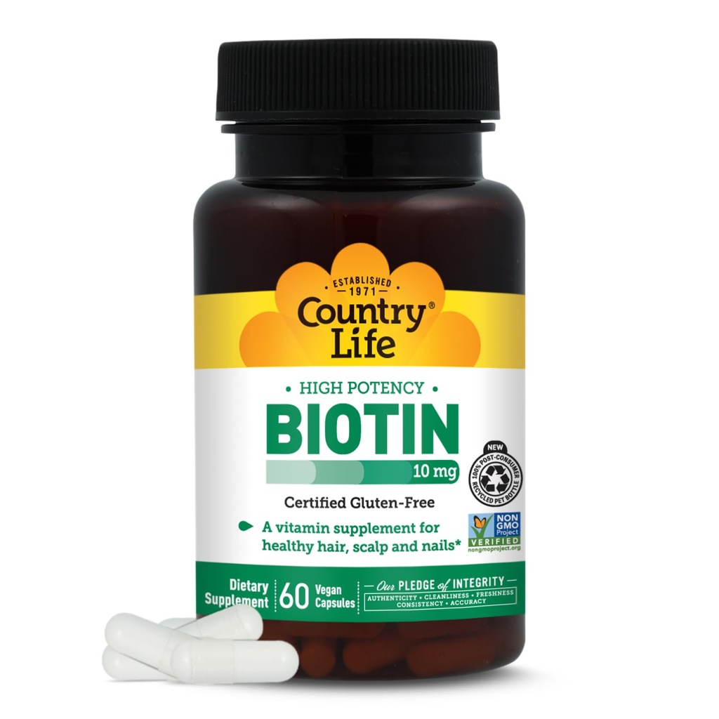 カントリーライフビタミン高効力ビオチン10,000 mcg (10 mg)、60カウント - 髪、頭皮、爪のサプリメント - 認定グルテンフリー