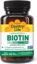Country Life Vitamins High Potency Biotin 10,000 mcg (10 mg), 60 Count - Supplement for Hair, Scalp & Nails - Certified Gluten Free