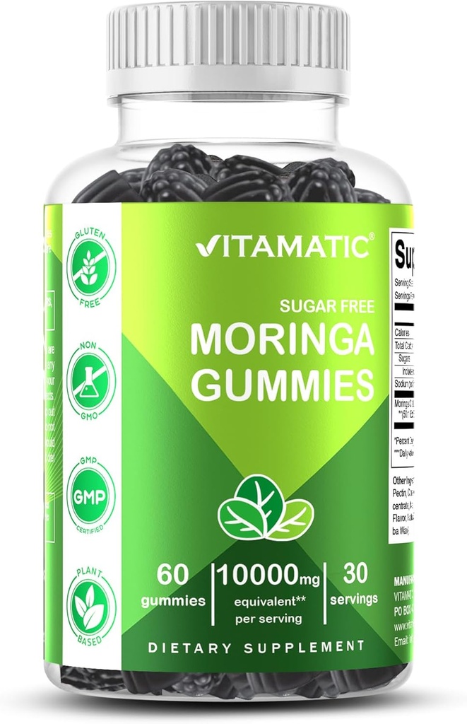 Vitamatic Sugar Free Moringa Gummies – 10,000 mg Equivalent per Serving (from 200 mg of 50:1 Extract) – Green Superfood Supplement – 60 Pectin-Based Vegan Gummies – No Sugar Added