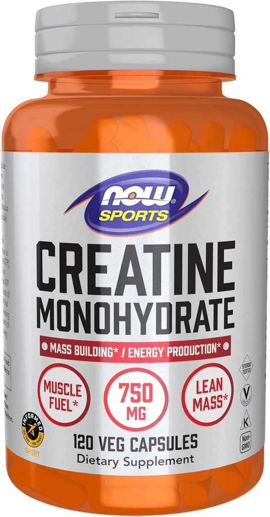NOW Foods Sports Nutrition, Creatine Monohydrate 750 mg, Mass Building*/Energy Production*, 120 Veg Capsules